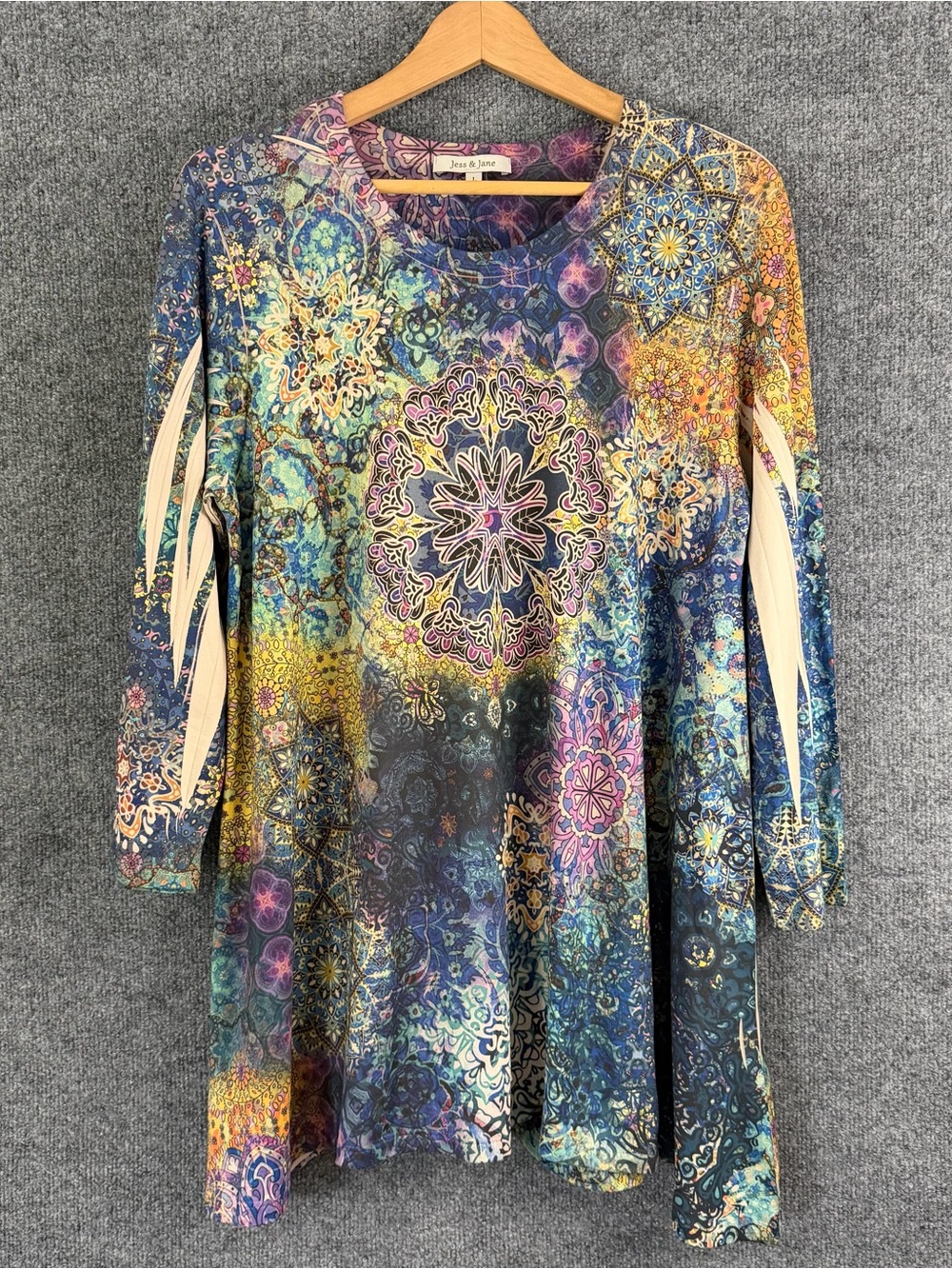 Jess & Jane Womens 3/4 Sleeve Artsy Tunic Top Size Large Multicolor Floral